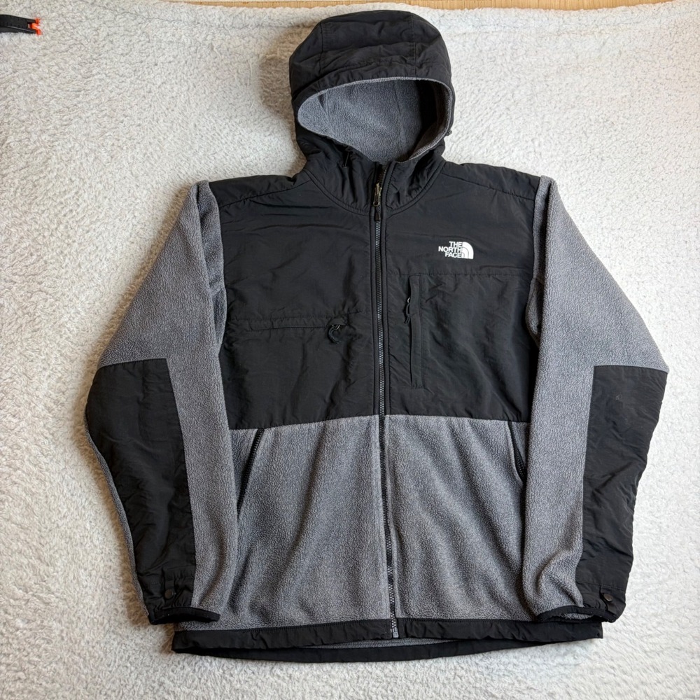 The North Face Denali Hoodie Mens Large Grey Black Polartec Fleece Jacket T132